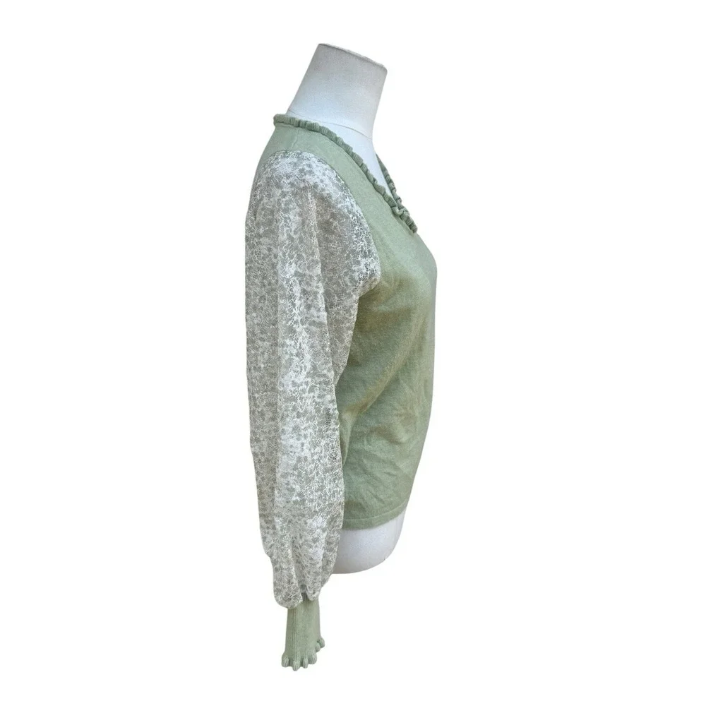 Siani Milano Sweater Sage Green Lace Sleeve Ruffle V-Neck Boho Cottagecore Small